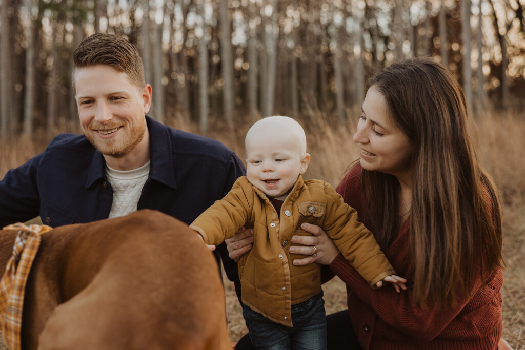 Baby boy reaches out to pet his dog during family photography with dogs